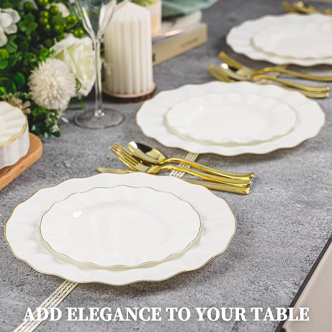250PCS Ivory Plastic Plates Set, Wavy Plates - Image 5