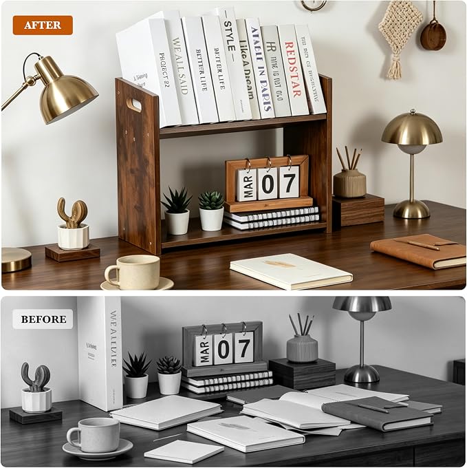 Desktop Bookshelf, 2 Tier Desk Shelf Organizer, Wood Office Tabletop Bookcase - Image 6