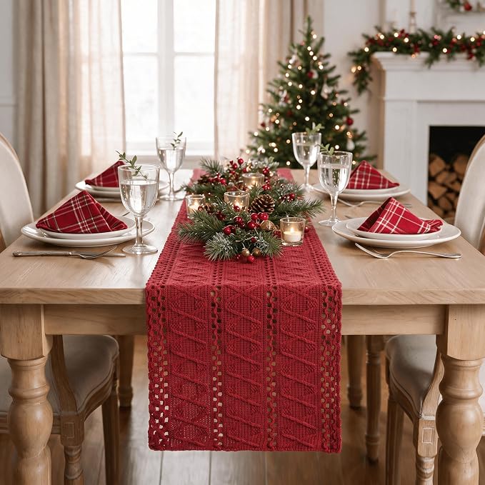 Artoid Mode Rose Red Woven Farmhouse Hollow Table Runner 12x90 Inch | Holiday - Image 3