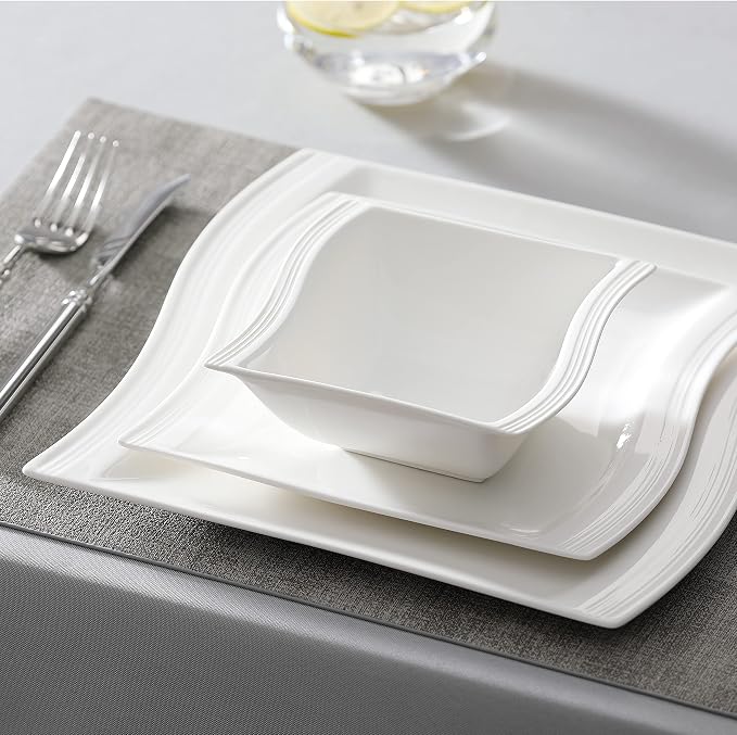 MALACASA Plates and Bowls Sets, 26 Pieces Ivory White Porcelain Dinnerware Sets - Image 5