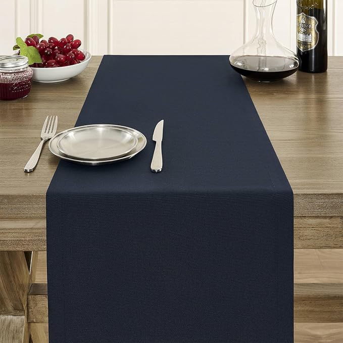 Basic Linen Style Table Runner, 14x48 Inch Dark Navy | Mitered Corner Design - Image 5