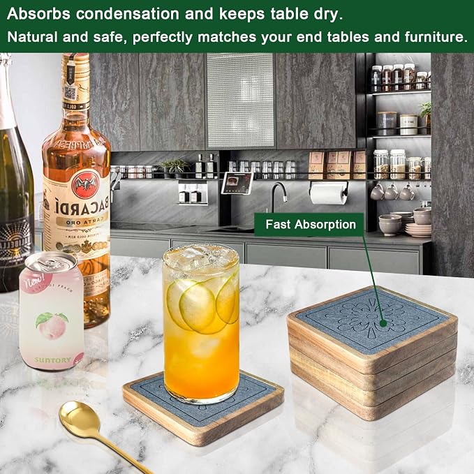 Square Coasters for Drinks, Absorbent Coaster Sets of 5, Wood Drinks Coasters - Image 4
