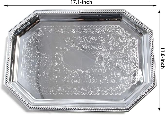 Elegant Floral Engraved Serving Tray Chrome Plated Steel Plate Platter - Image 3