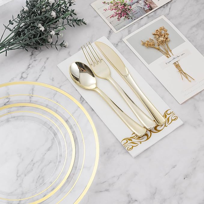 BESTVIP 700 PCS Clear Gold Plastic Plates and Silverware Set Disposable | Gold - Image 6