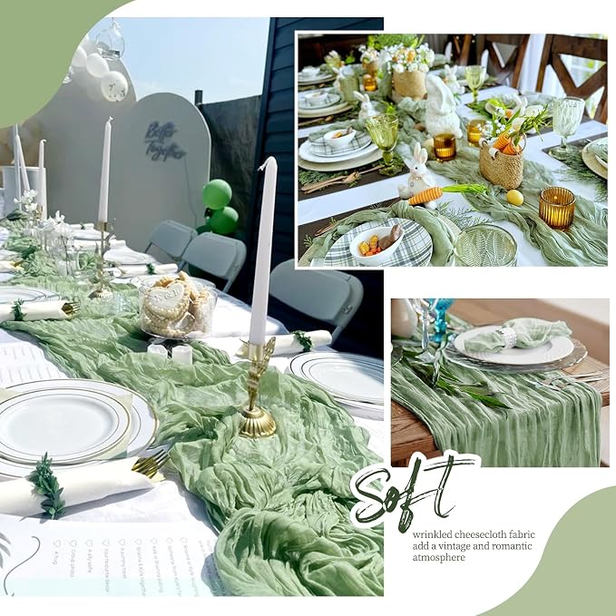 6 Pack Sage Green Cheesecloth Table Runner 17x108 Inch Semi Sheer Boho Gauze - Image 6
