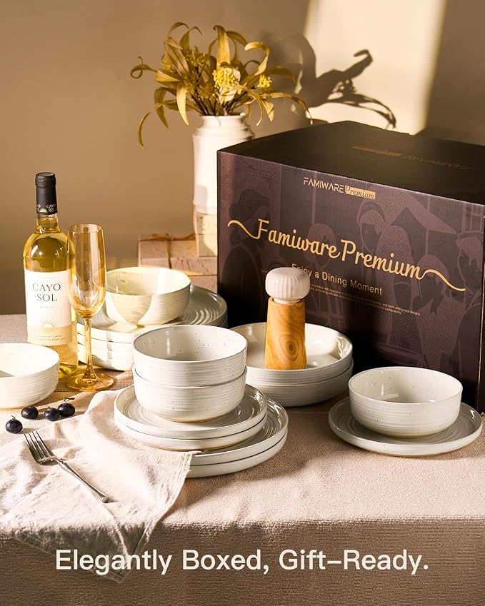 Stoneware Dinnerware Sets for 8, Plates and Bowls, Cream | 24-Piece Ceramic - Image 8