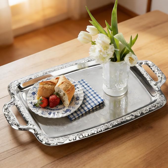 4-Pack Large Rectangle Silver Serving Trays, 15.4" x 9.3" Stainless Steel - Image 9