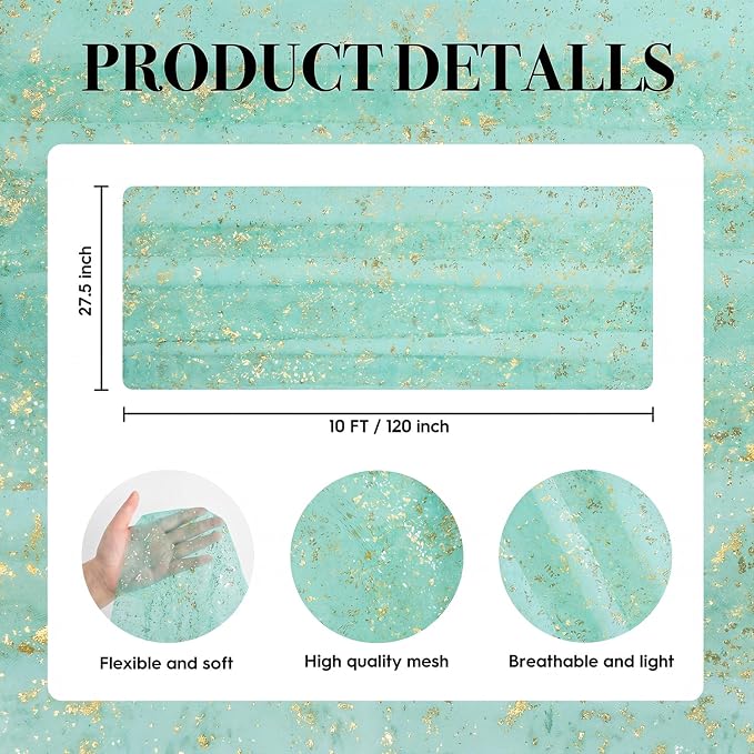 Artoid Mode 6Pcs Turquoise Gauze Gold Table Runner 10FT, Glitter Metallic Foil - Image 7