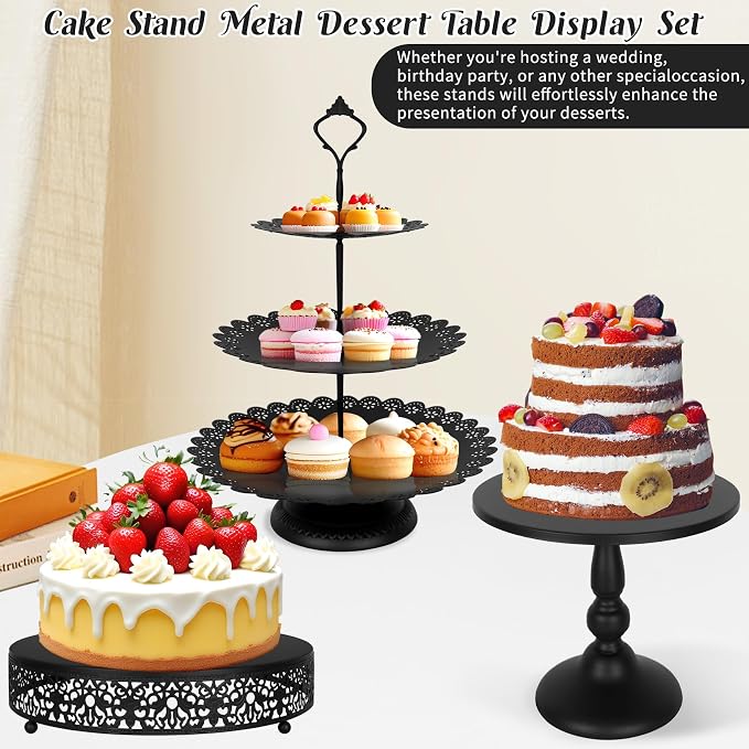 Fivenl 8 Pcs Cake Stand Black Metal Dessert Table Display Set, 3-Tier Cupcake - Image 4