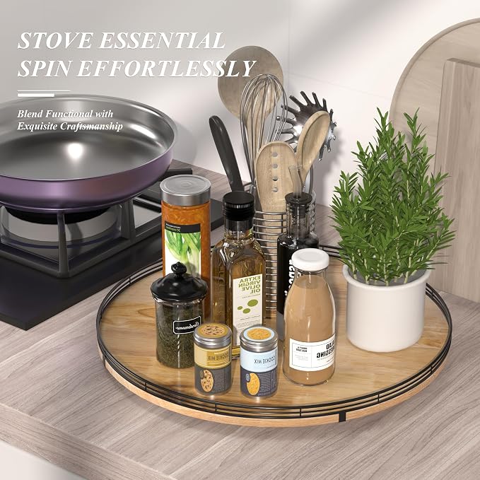 AMH 21-Inch Extra Large Farmhouse Oak Lazy Susan Organizer | Smooth rotating - Image 2