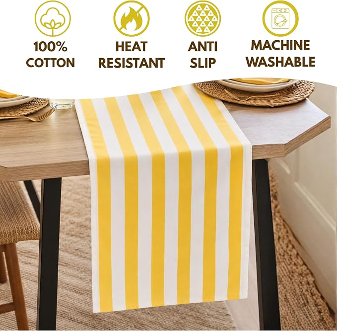 Folkulture Fall Table Runner 90 Inches Long | Yellow & White Striped | Table - Image 5