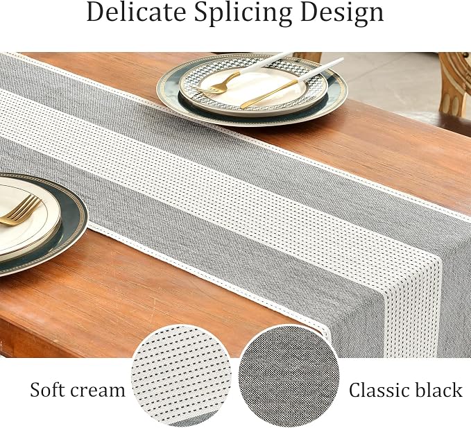 Wracra Linen Table Runner, Stripe Table Runners 36 Inches Long Black | Delicate - Image 3