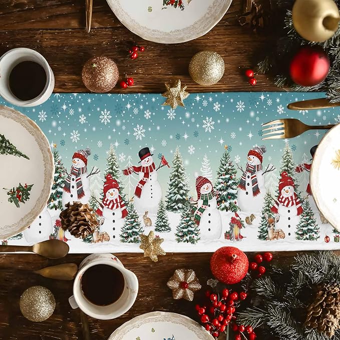 Teal Christmas Snowman Table Runner 36 Inches Long, Xmas Trees Snowflake Table - Image 4