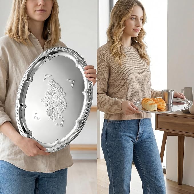 4 Pcs Large Silver Serving Trays, 15.7" x 11.8" Stainless Steel Oval Serving - Image 4