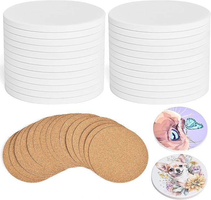 24 Pcs Round Ceramic Tiles for Crafts 4x4 White Ceramic Coasters for Crafts by COYMOS