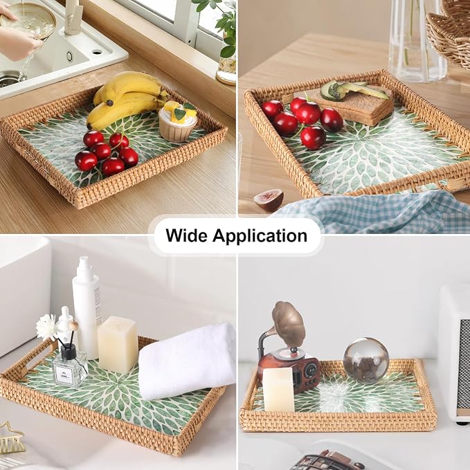 Rectangle Rattan Tray with Mother of Pearl Inlay, Rattan Serving Tray with - Image 2
