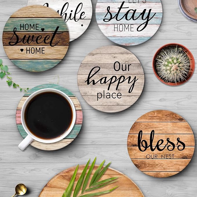 Coasters for Drinks, Ceramic Stone, Wooden | Planks Wood Paint Absorbent Round - Image 4
