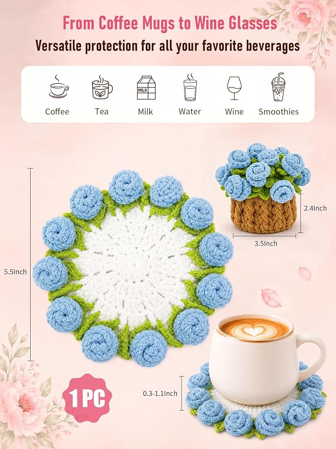 Crochet Flower Bouquet Coasters, Cotton Rose Gifts - Image 2