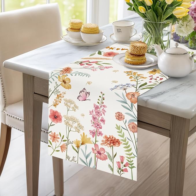 Bonhause Spring Floral Table Runner 13x72 Inch Pink Flowers Green Leaves - Image 3