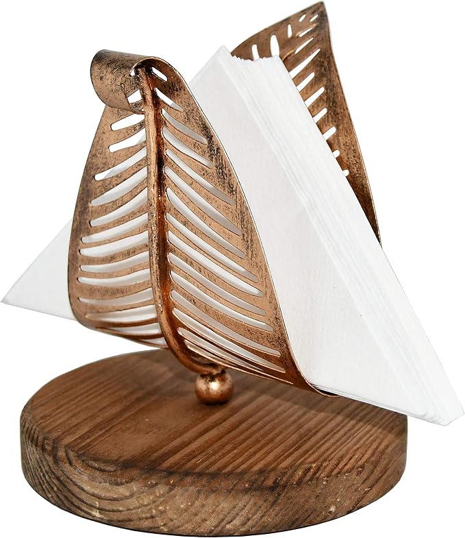 OwlGift Freestanding Modern Napkin Holder w/Bronze Metal Leaf & Brown Wooden - Image 3