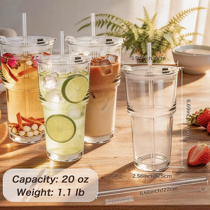 20oz Clear Glass Cups with Lids and Straws, Drinking Tumblers - Image 2