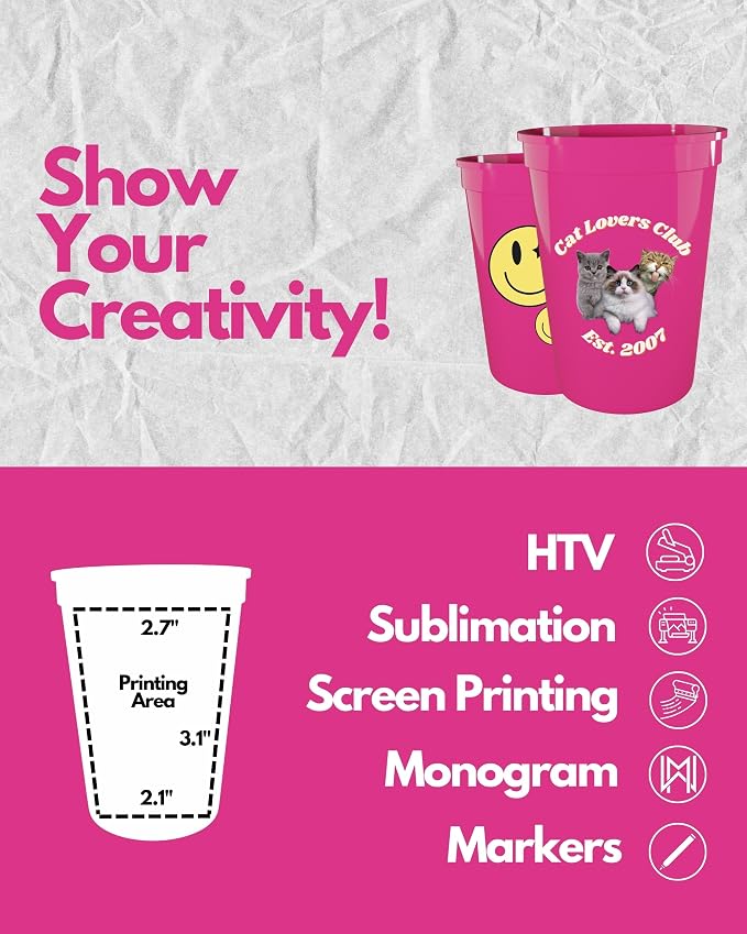 PartyPrints 10 Pack 10 to12 oz Neon Pink Reusable Blank Plastic Cups, Stadium - Image 3