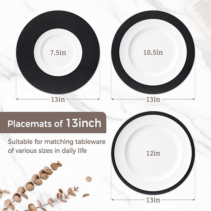 13" Round Placemats Set of 12, Reversible Faux Leather Heat Resistant Table Mats - Image 2