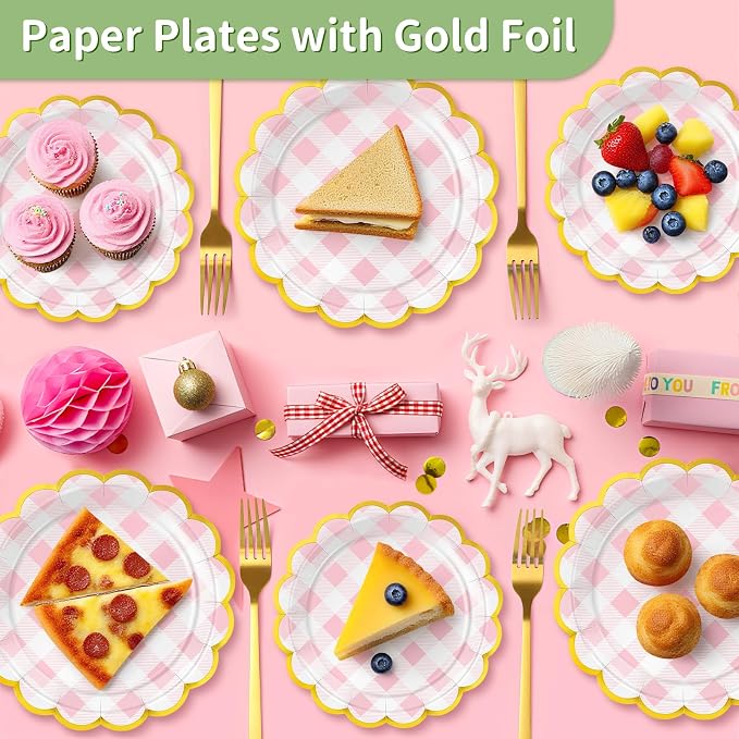 50 Pcs Pink Gingham Paper Plates Disposable, Dessert Cake Plates, - Image 6