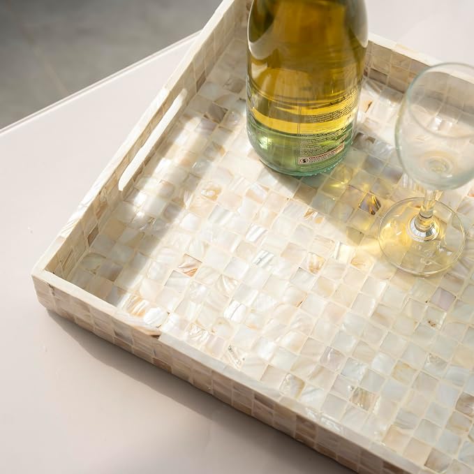 PEMAR Rectangular Mother of Pearl Serving Tray Nacre Wood Lap Ottoman Tray - Image 13