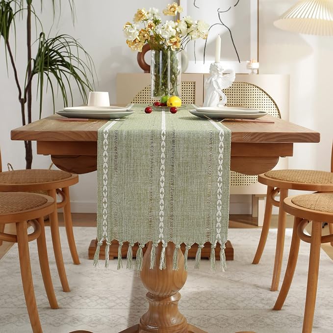 Wracra Rustic Linen Table Runner, Sage Green Table Runners 90 inches Long | - Image 5