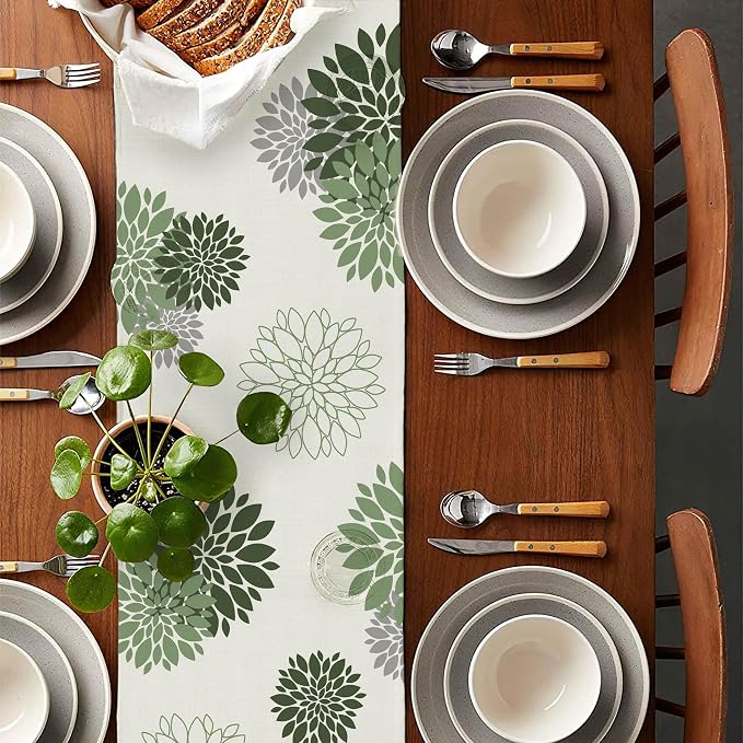 Sage Green Grey Table Runner Dahlia Pinnata Flower Beige Table Runners Modern - Image 2