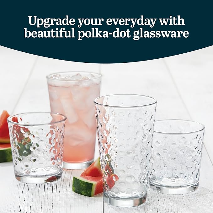 Libbey Awa Polka Dot Tumbler & Rocks Drinking Glasses Set of 16, Glass Cups | - Image 2