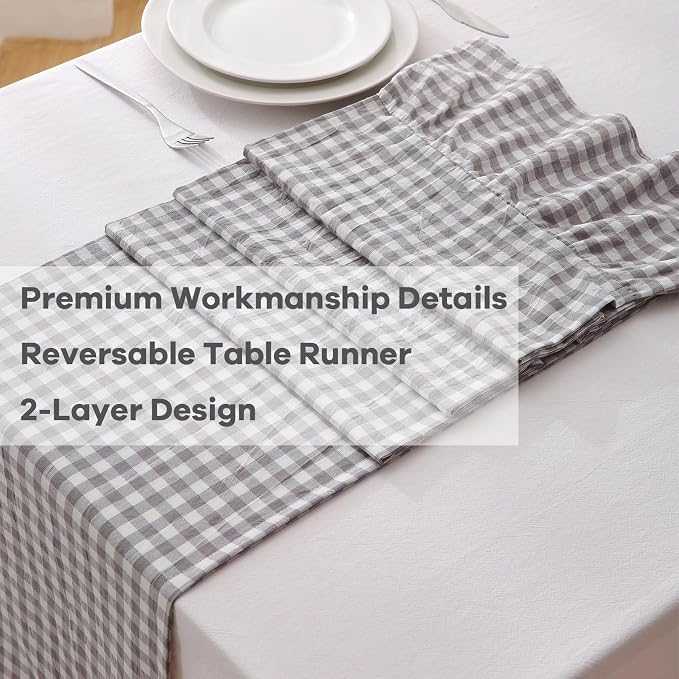 Grey White Plaid Gingham Ruffle Table Runner 72 inches Long 100% Washed Cotton - Image 5