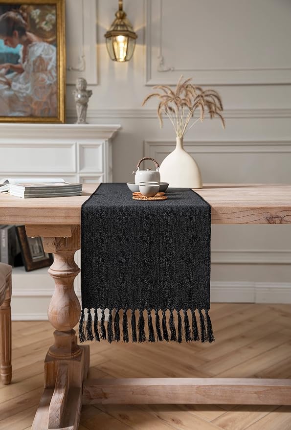 Black Table Runners 36 Inches Long, Burlap Linen Style Rustic Farmhouse Table - Image 2