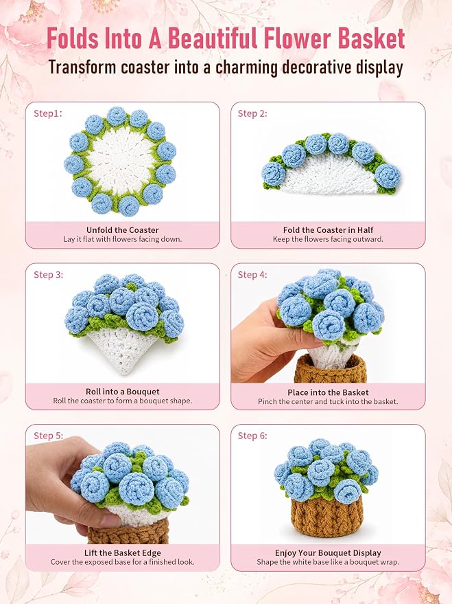 Crochet Flower Bouquet Coasters, Cotton Rose Gifts - Image 3