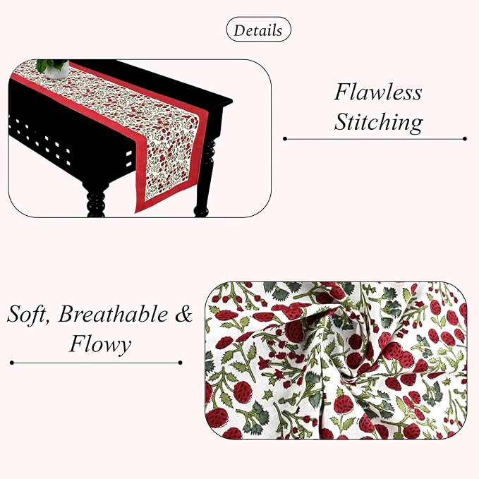 Garnet Red Hand Block Print 100% Cotton Reusable Table Runner 16" X 106" Inches - Image 2