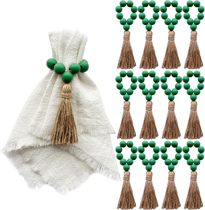 Napkin Rings Set of 12, Wooden Bead Elastic Tassel Napkin Ring | Tassel Napkin by JiTiMi