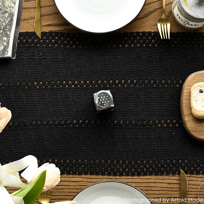 Artoid Mode Black Woven Farmhouse Hollow Table Runner 12x72 Inch | Holiday - Image 4