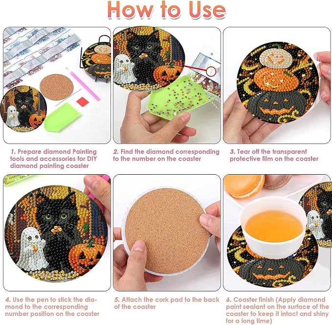 ijbnhd 8 Pcs Halloween Diamond Art Coasters Kits | Halloween Diamond Painting - Image 7