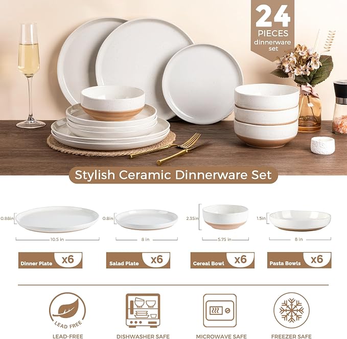 AmorArc Dinnerware Sets for 6, 24 Pieces Ceramic Plates and Bowls Set | Scratch - Image 3
