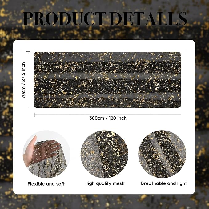 Artoid Mode 3Pcs Black Gold Gauze Table Runner 120 Inch 10FT, Glitter Metallic - Image 7