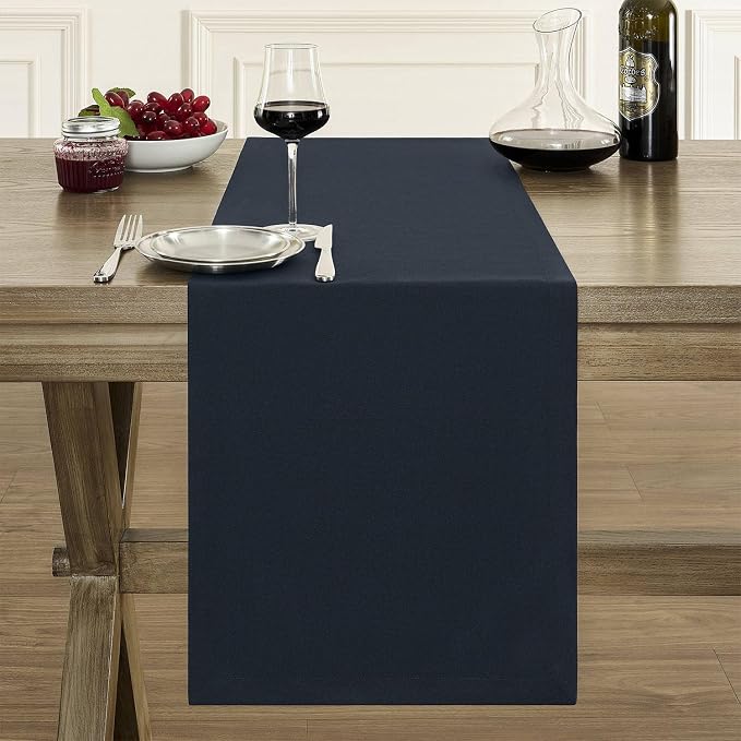 Basic Linen Style Table Runner, 14x48 Inch Dark Navy | Mitered Corner Design - Image 2
