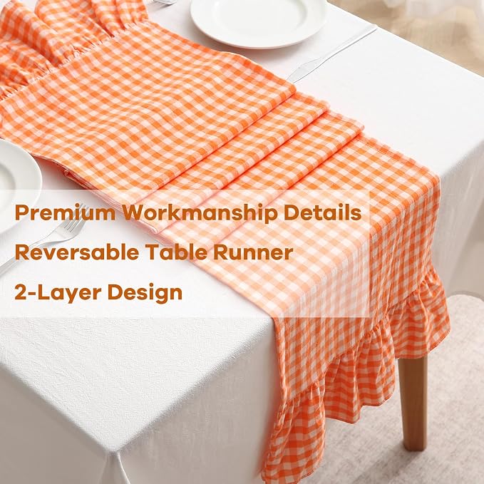 Orange White Plaid Gingham Ruffle Table Runner 72 inches Long 100% Washed - Image 5