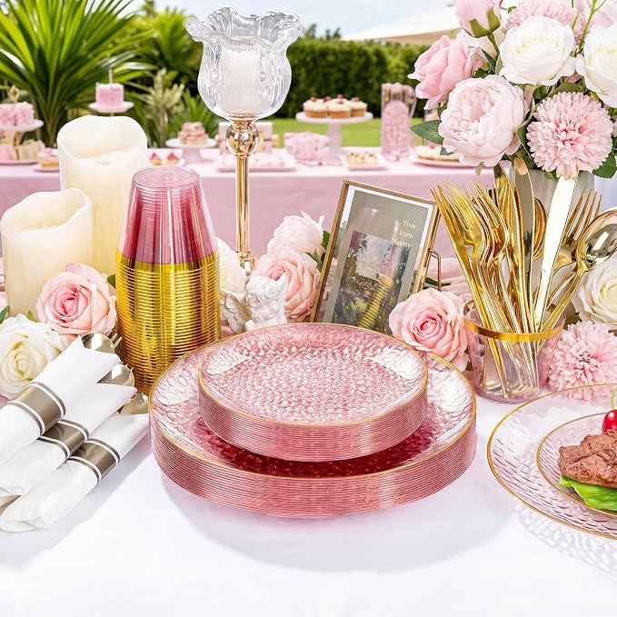Rubtlamp 700Pcs Pink Gold Plastic Plates, Fancy Hammer Party Plate, 100Salad - Image 3