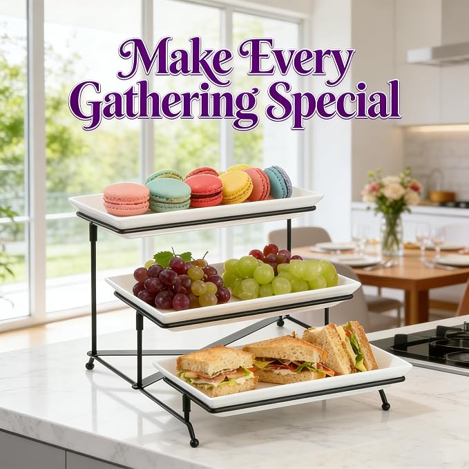 3 Tier Serving Tray, Reusable Tray Stand Black Collapsible Metal Stand - Image 7