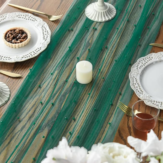 Artoid Mode 6PCS Pearl Dark Green Gauze Table Runner 120 Inch 10FT, Seasonal - Image 3
