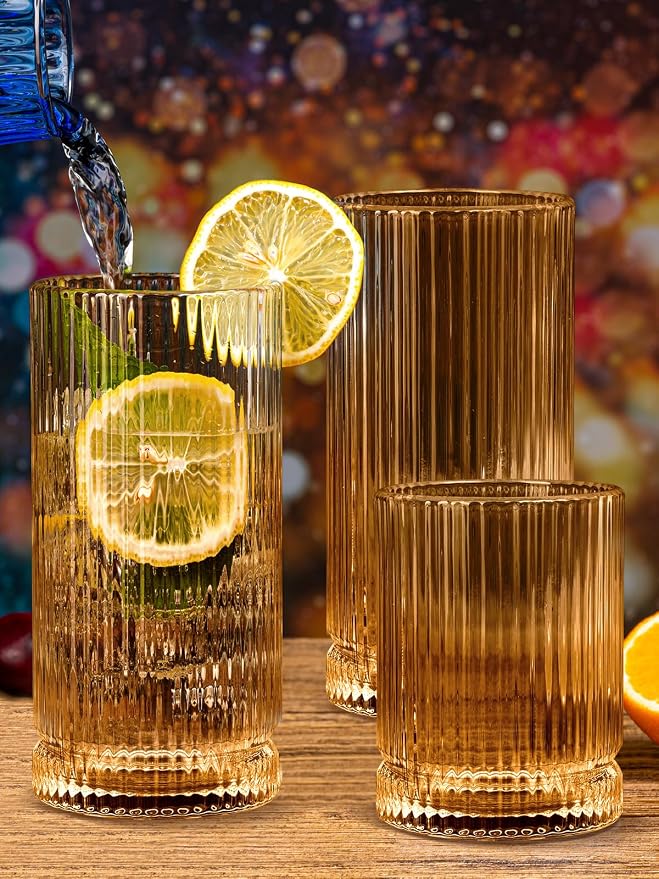Ribbed Glassware Vintage Drinking Glasses 12Pcs Set （6 Highball Glasses 16Oz - Image 4