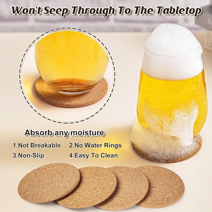 Cork Coasters Bulk for Drinks, 3.5 Inches Thick Absorbent Heat Resistant Drink - Image 3