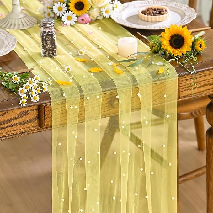 Artoid Mode Pearl Yellow Gauze Table Runner 120 Inch, Seasonal Sheer Dining by ArtoidMode