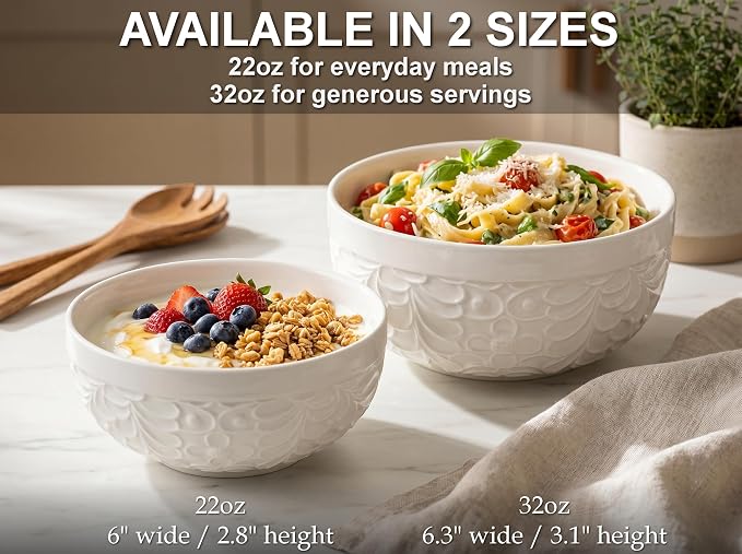 25DOL 22 oz Ceramic Bowls Set of 4 – Embossed Nature-Inspired Design, Versatile - Image 3